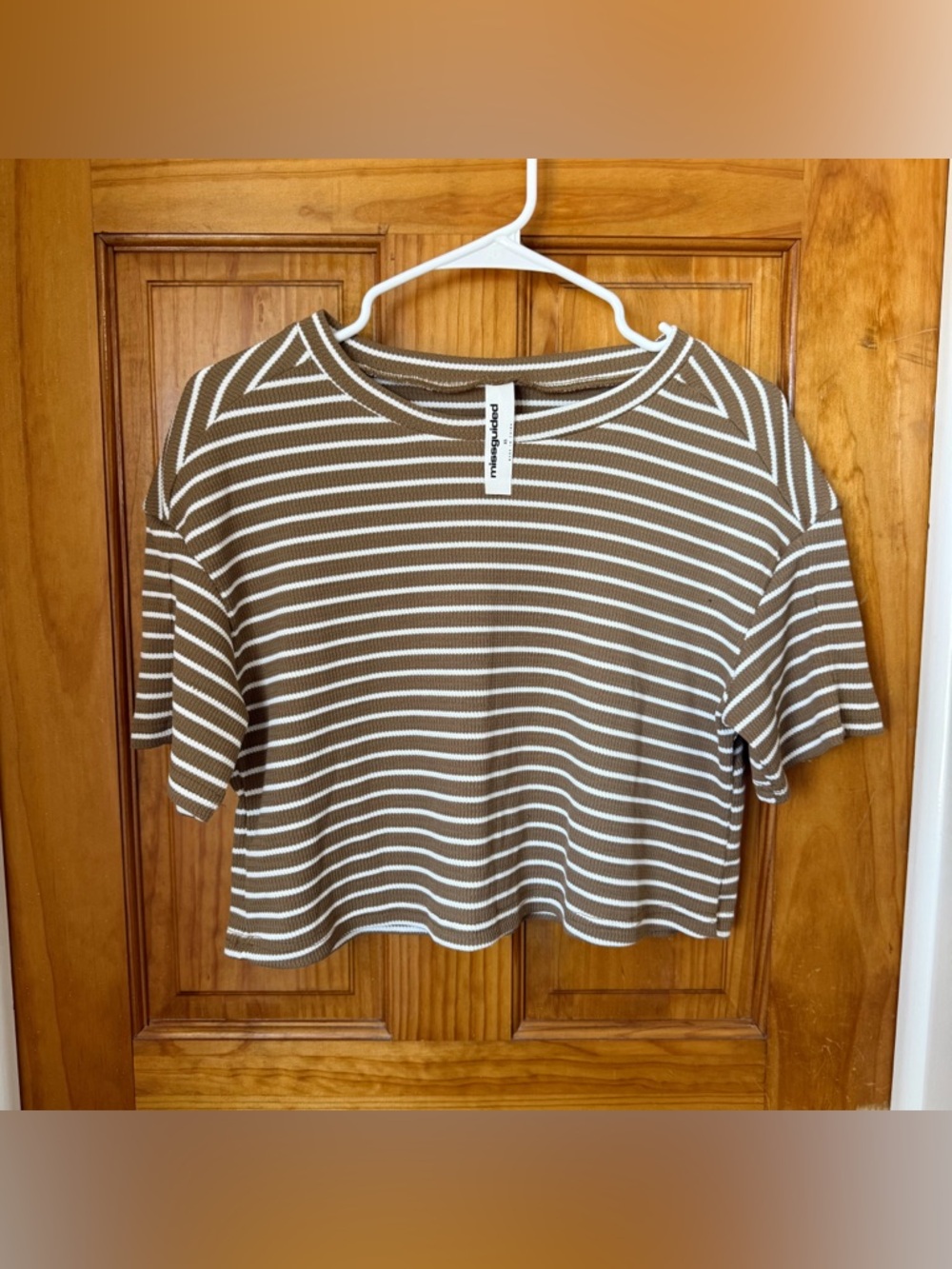 Missguided Brown & White Stripped Short Sleeve Top Size XS NWOT